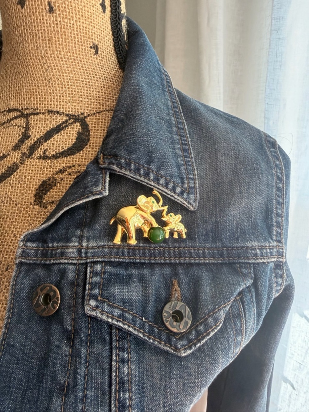 Gold Elephant Brooch with Green Stone - Vintage-Inspired Pin
